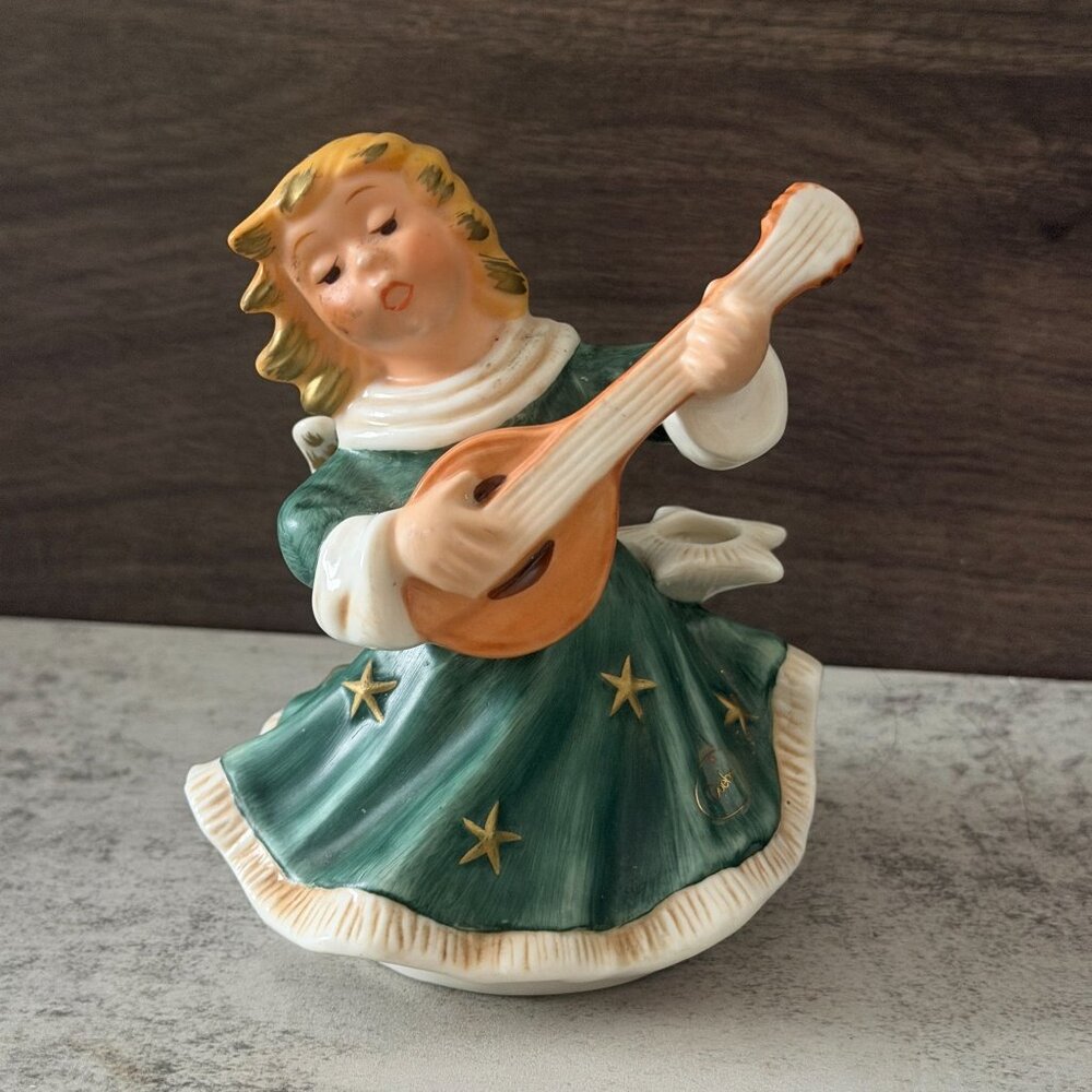 NWL Vintage Goebel Green Mandolin Angel Candlestick Holder Figurine Germany 70s